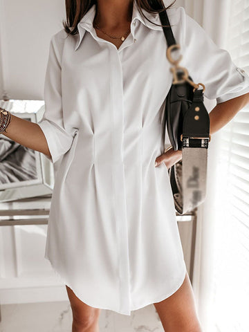 Woochic mi-longue blouse boutonnage fluide col chemise manches 3/4 femme élégant Blanche S